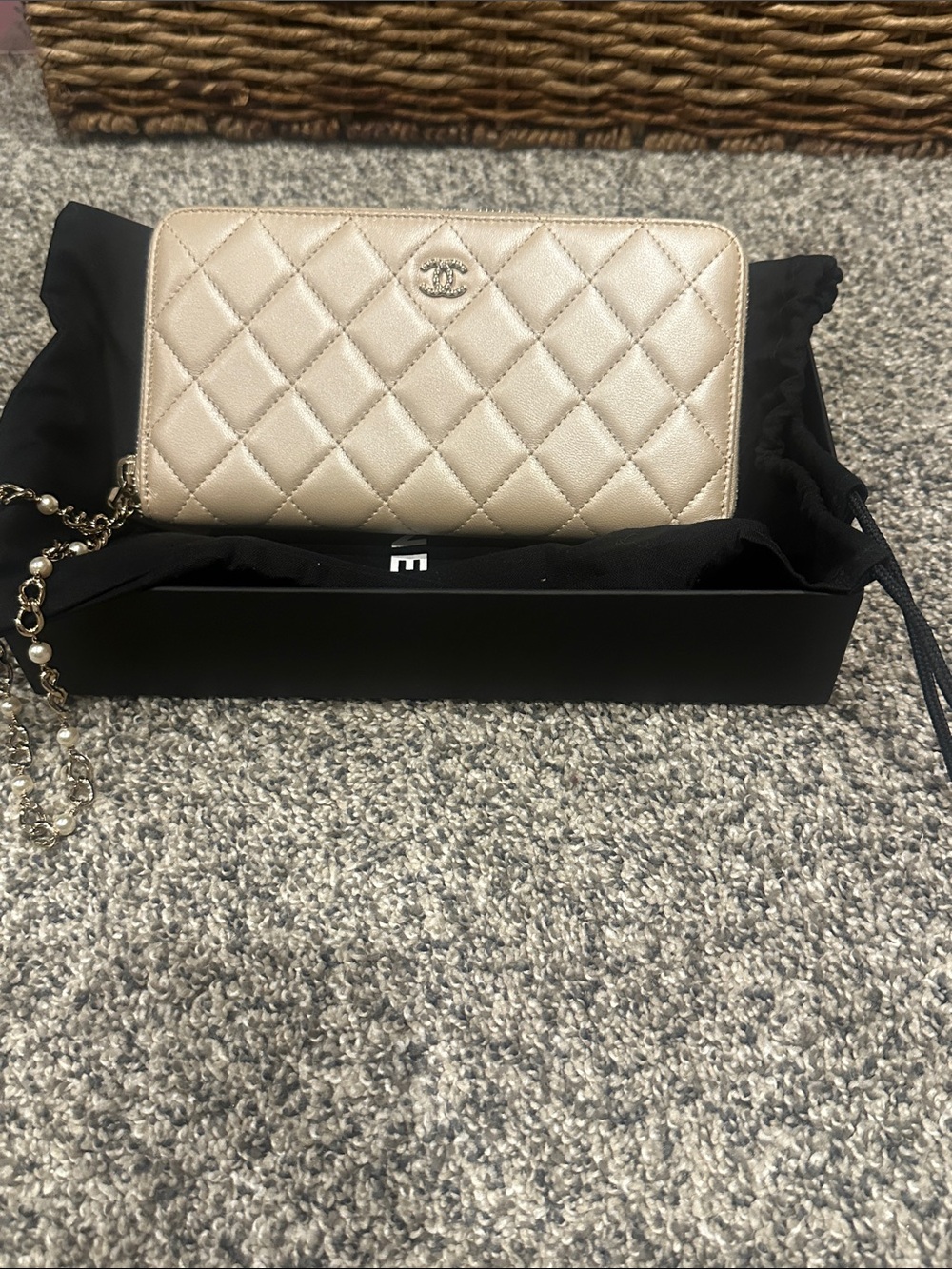 CHANEL Quilted Zip Wallet on Chain - Metallic Champagne